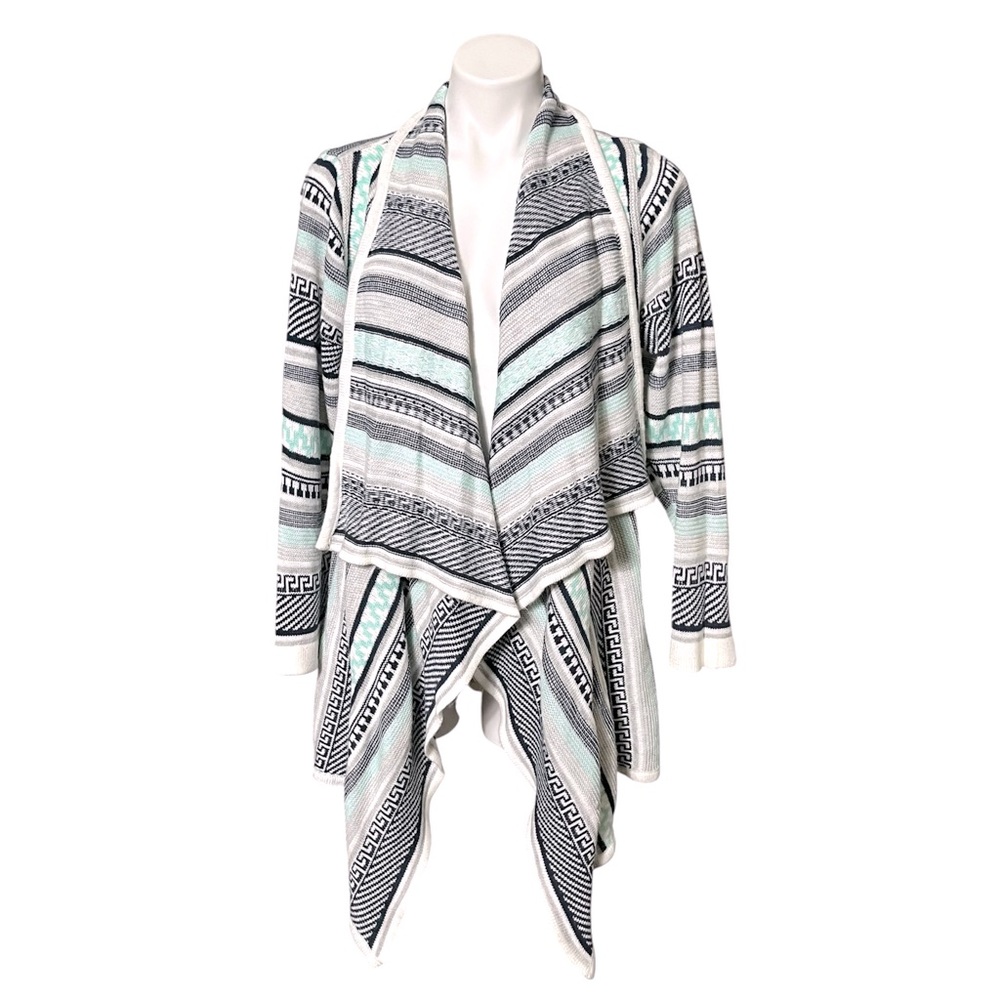 Absolutely Famous Geometric Striped Drape Front Cardigan Size 2X Mint/Navy